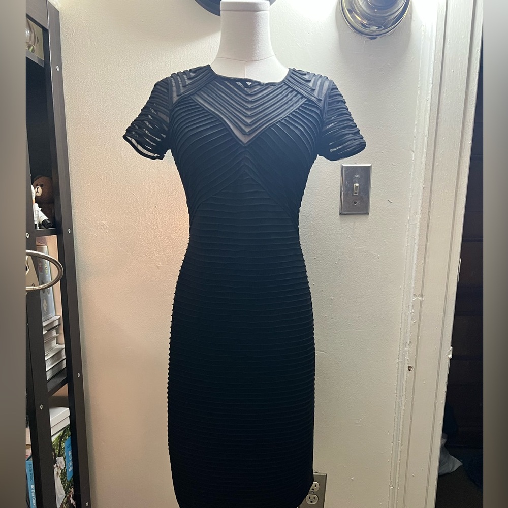 Calvin Klein LBD Black Bodycon Midi Sheath Dress with Illusion Neckline Size 2